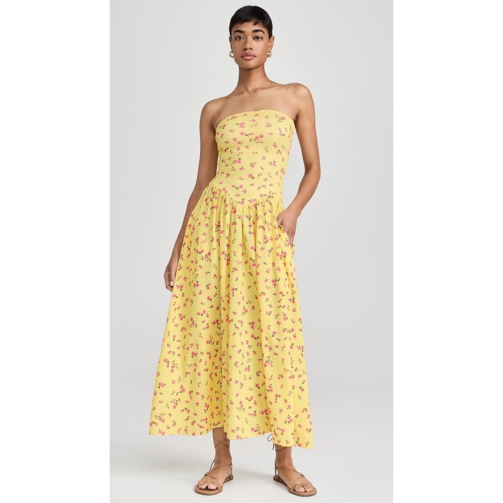Resa Mackenzie Midi Dress Drop Waist Honey Yellow Pink Floral Strapless Xs
